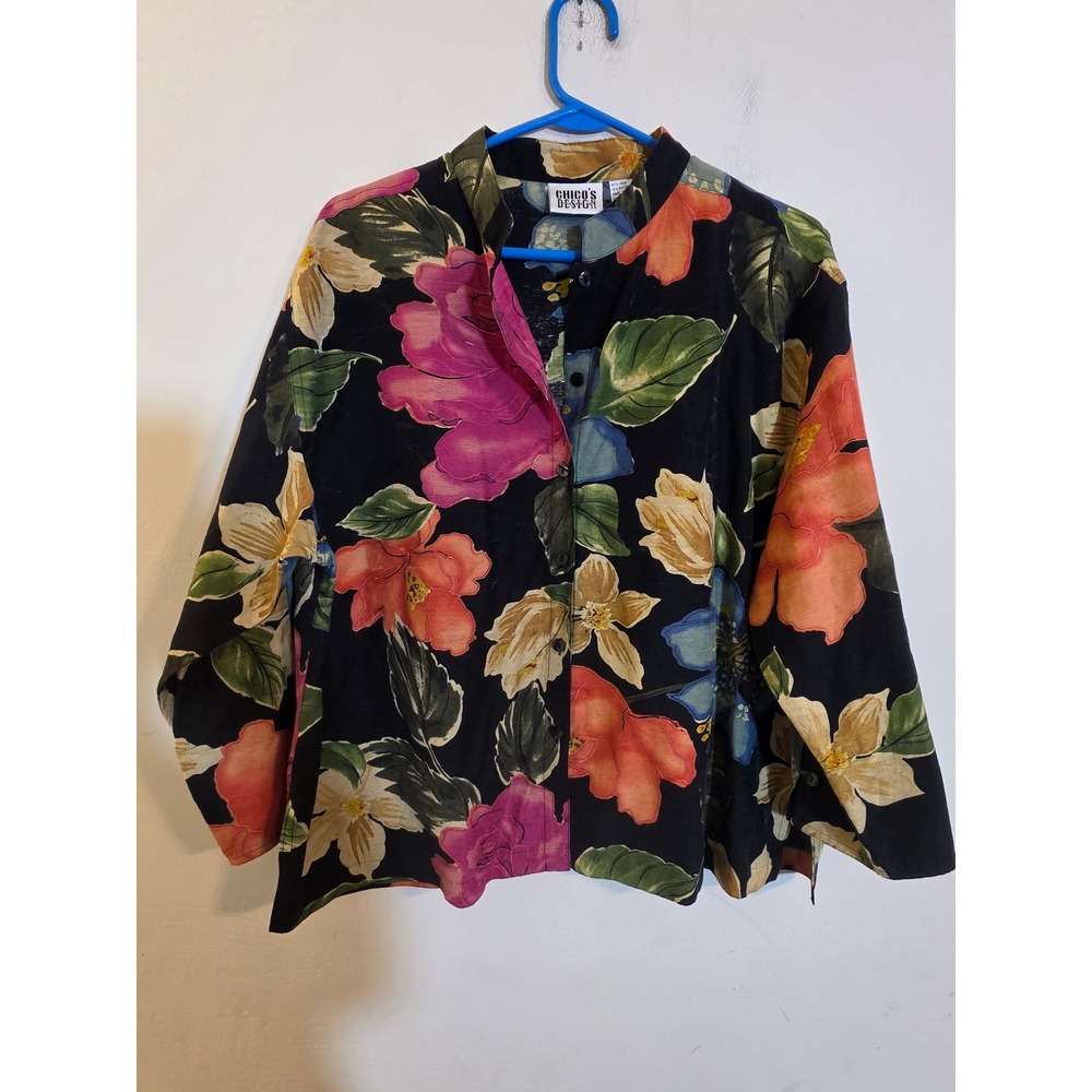 Vintage Chicos Design Linen Blend Floral Button Up Shirt Black Multi Color 3(XL)